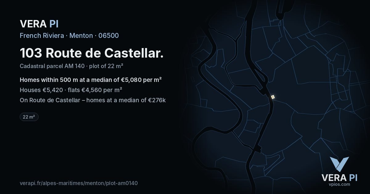 103 Route de Castellar, Menton at night – the plot lit, the parcels around coloured by the prices near them
