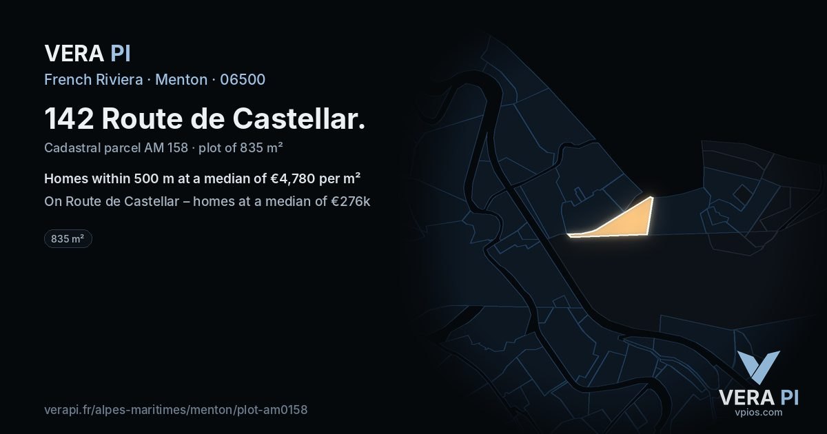 142 Route de Castellar, Menton at night – the plot lit, the parcels around coloured by the prices near them