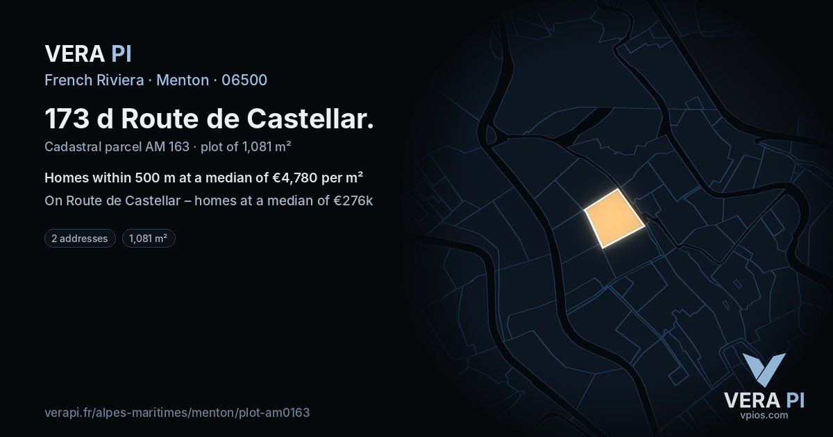 173 d Route de Castellar, Menton at night – the plot lit, the parcels around coloured by the prices near them