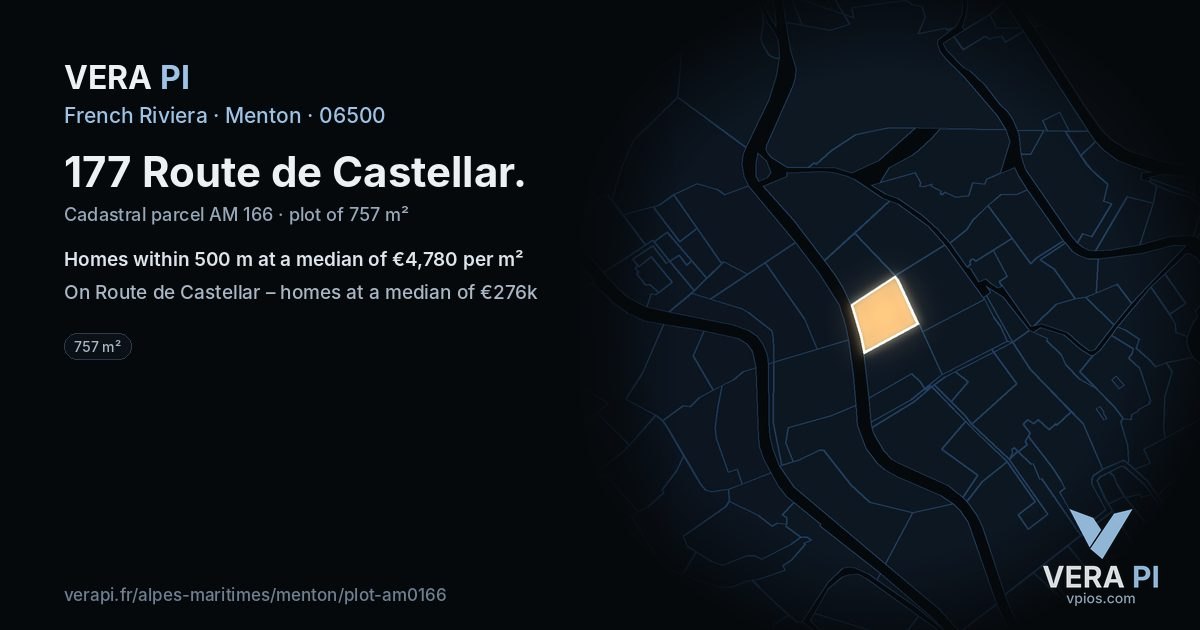 177 Route de Castellar, Menton at night – the plot lit, the parcels around coloured by the prices near them