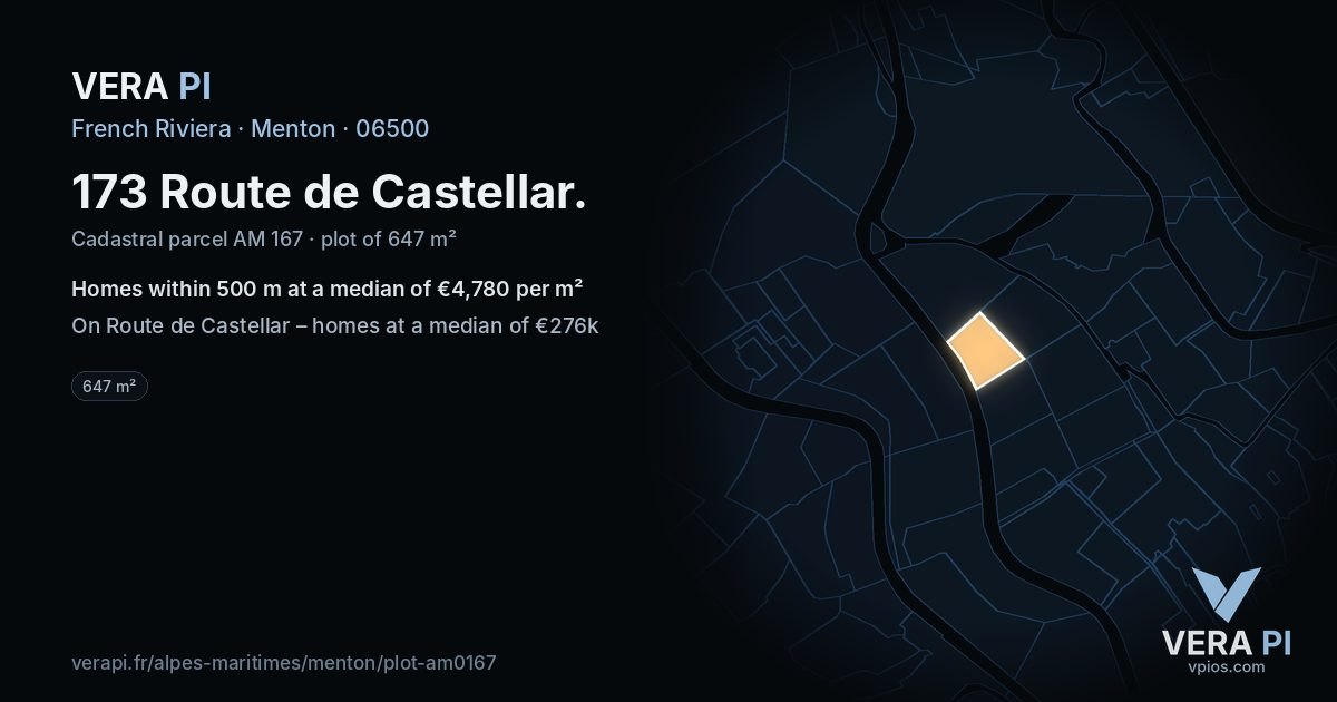 173 Route de Castellar, Menton at night – the plot lit, the parcels around coloured by the prices near them