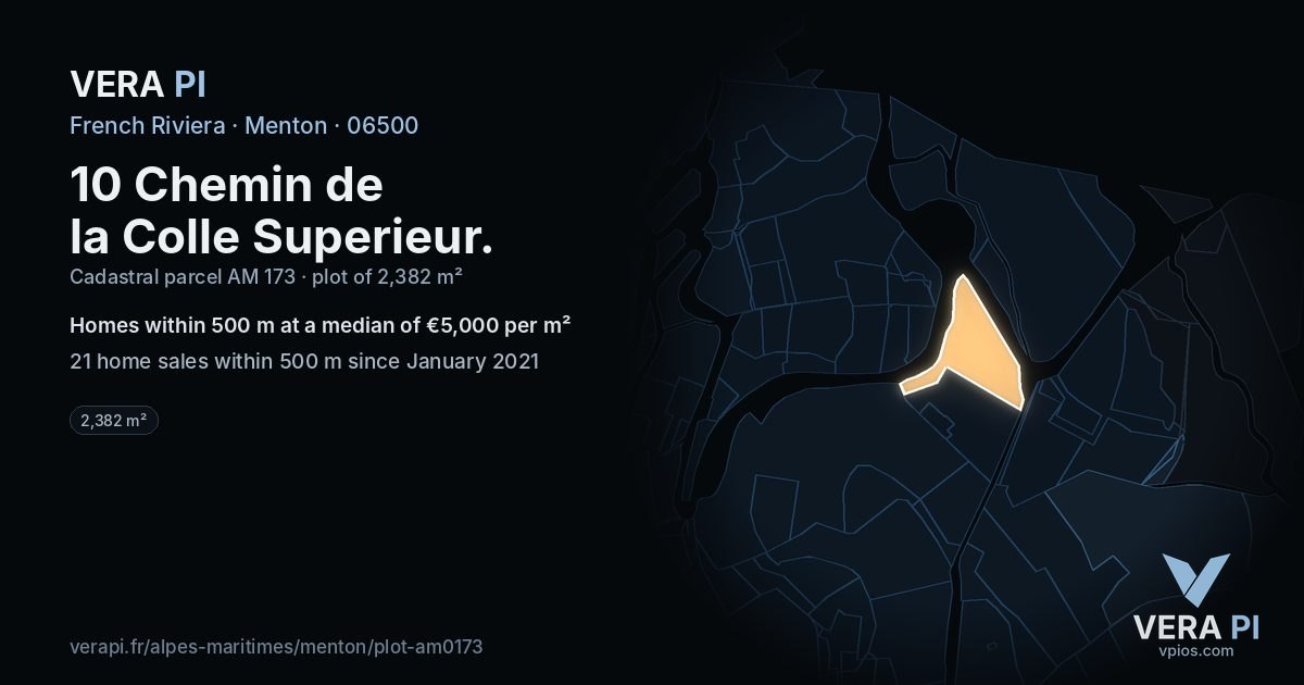 10 Chemin de la Colle Superieur, Menton at night – the plot lit, the parcels around coloured by the prices near them