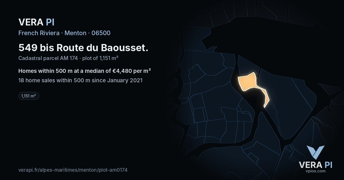 549 bis Route du Baousset, Menton at night – the plot lit, the parcels around coloured by the prices near them