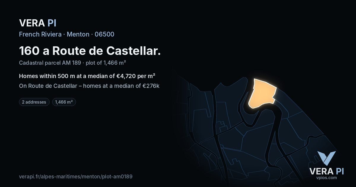 160 a Route de Castellar, Menton at night – the plot lit, the parcels around coloured by the prices near them