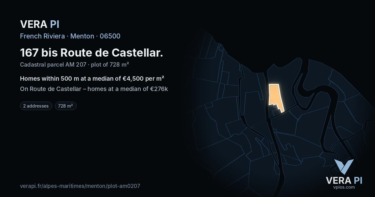 167 bis Route de Castellar, Menton at night – the plot lit, the parcels around coloured by the prices near them