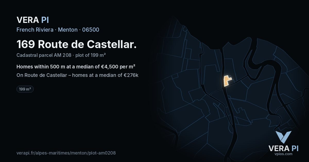 169 Route de Castellar, Menton at night – the plot lit, the parcels around coloured by the prices near them