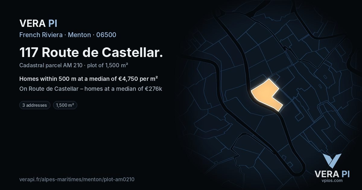 117 Route de Castellar, Menton at night – the plot lit, the parcels around coloured by the prices near them