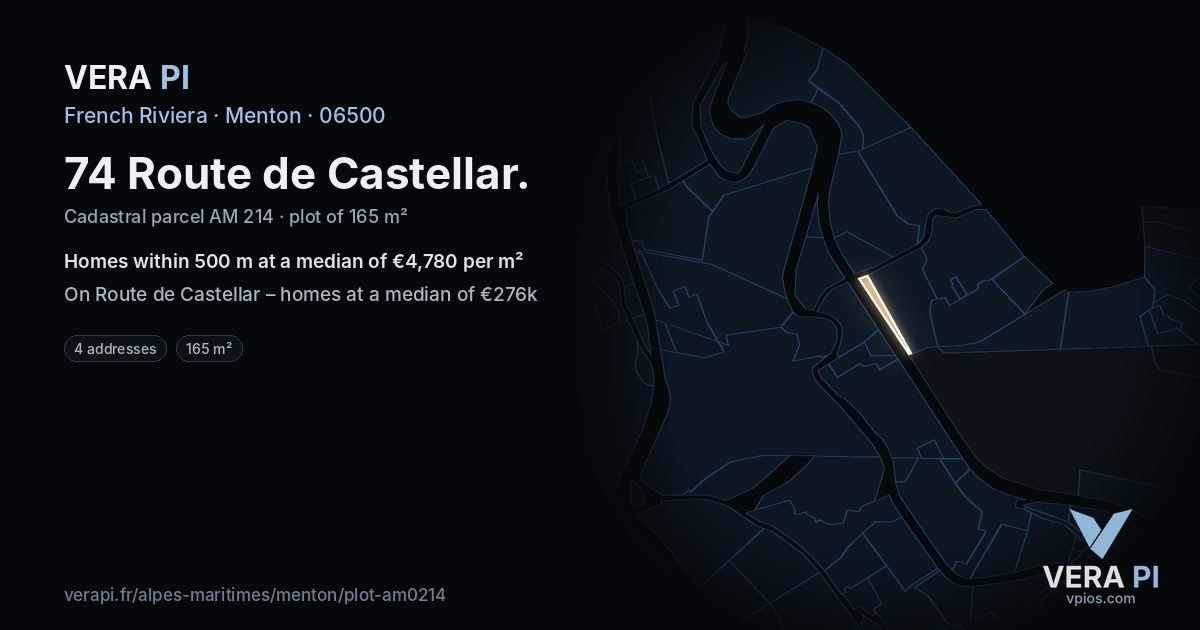 74 Route de Castellar, Menton at night – the plot lit, the parcels around coloured by the prices near them