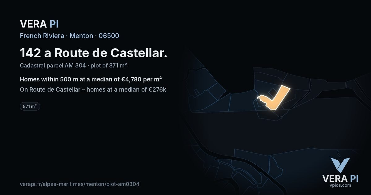 142 a Route de Castellar, Menton at night – the plot lit, the parcels around coloured by the prices near them