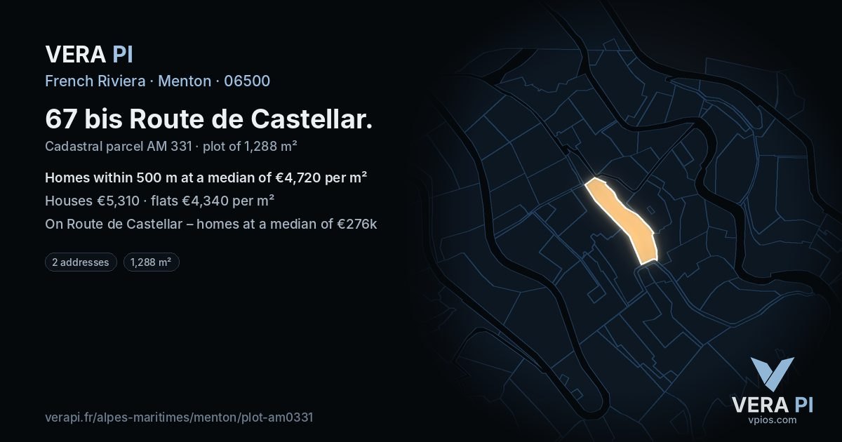 67 bis Route de Castellar, Menton at night – the plot lit, the parcels around coloured by the prices near them