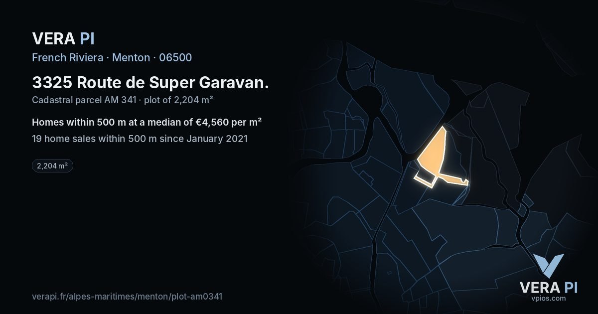 3325 Route de Super Garavan, Menton at night – the plot lit, the parcels around coloured by the prices near them