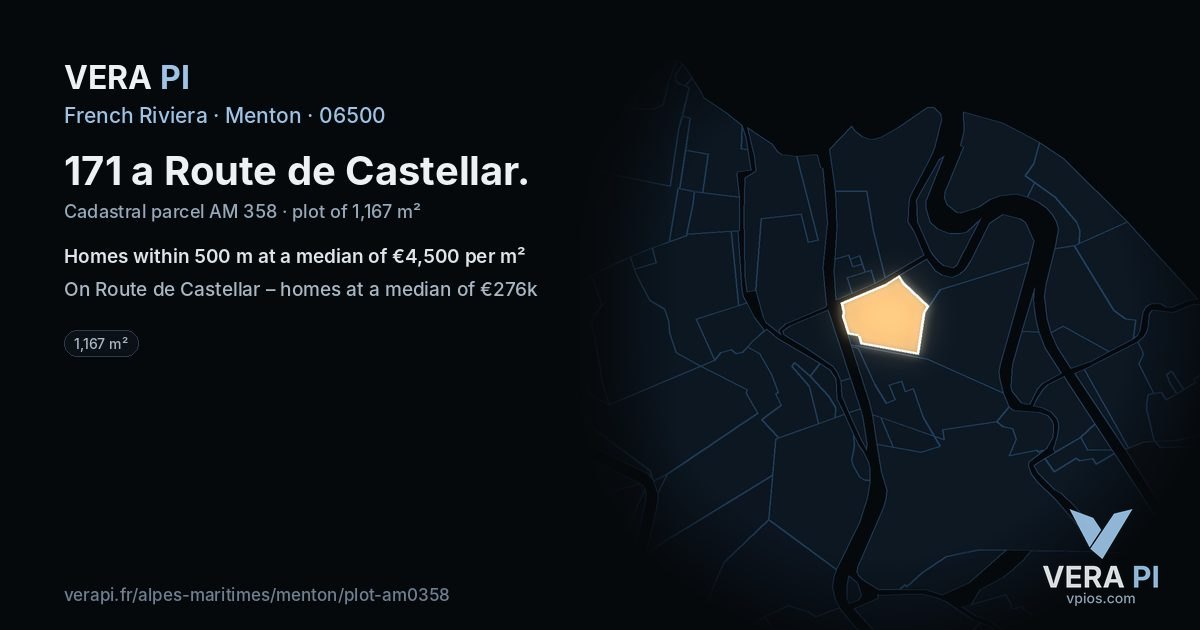 171 a Route de Castellar, Menton at night – the plot lit, the parcels around coloured by the prices near them