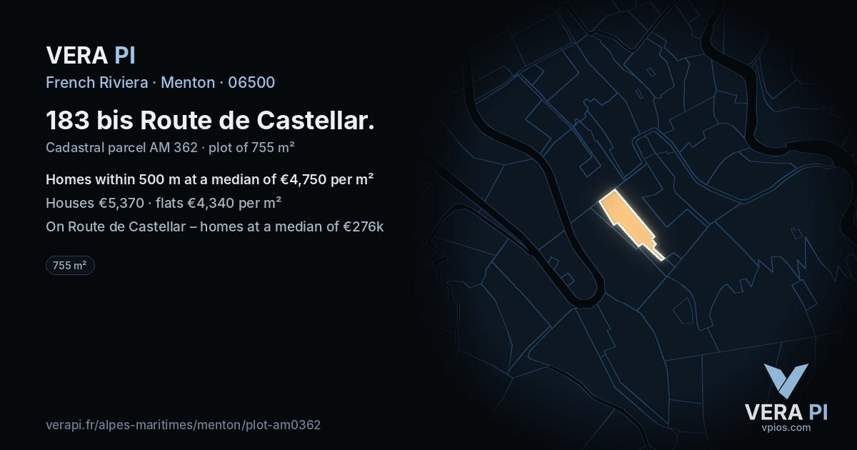183 bis Route de Castellar, Menton at night – the plot lit, the parcels around coloured by the prices near them