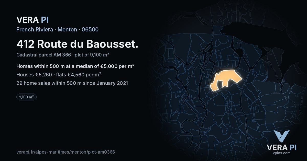 412 Route du Baousset, Menton at night – the plot lit, the parcels around coloured by the prices near them
