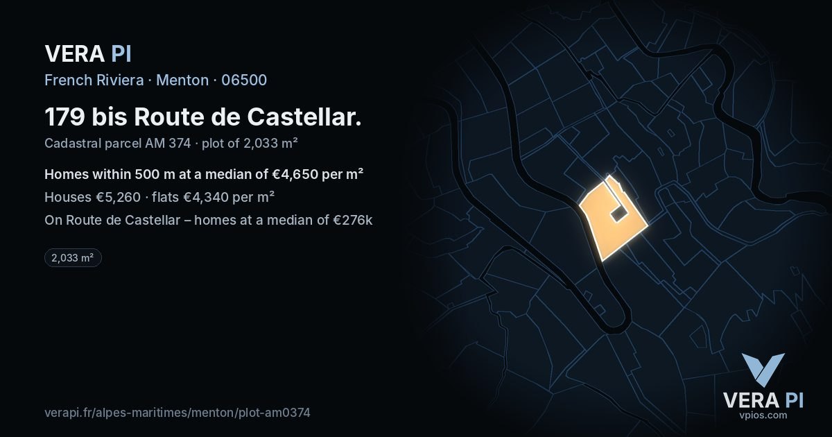 179 bis Route de Castellar, Menton at night – the plot lit, the parcels around coloured by the prices near them