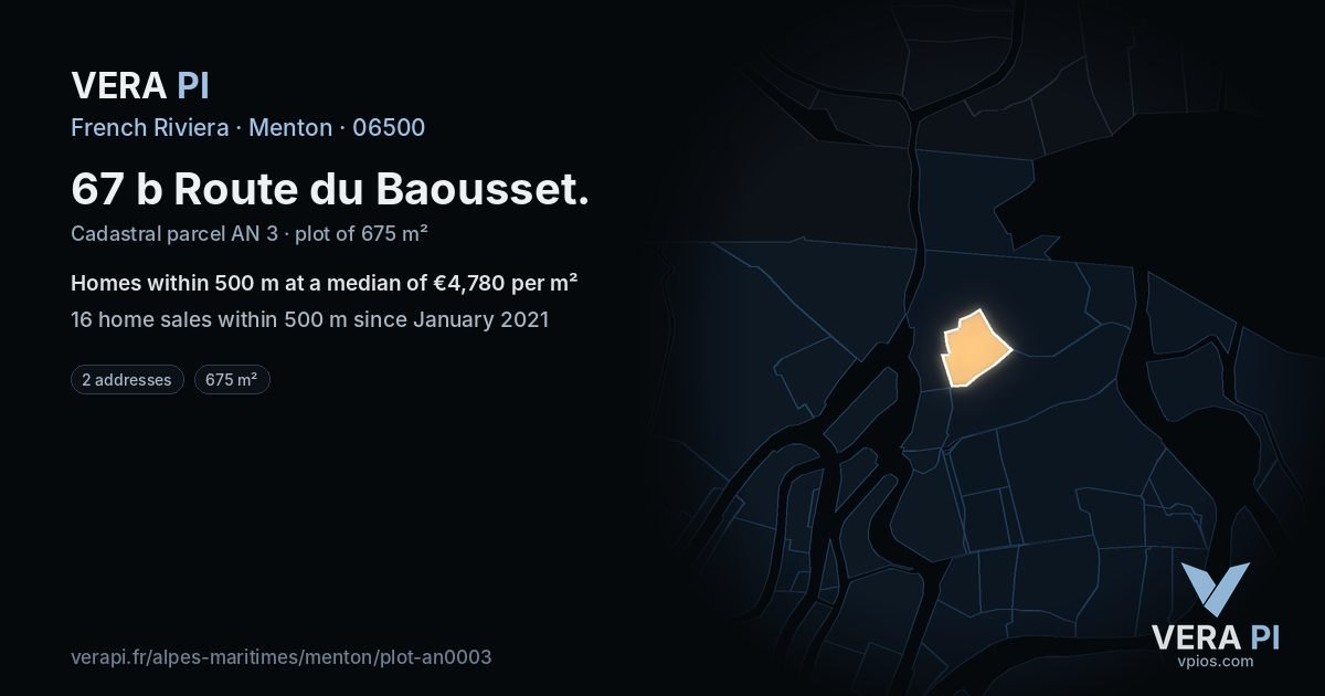 67 b Route du Baousset, Menton at night – the plot lit, the parcels around coloured by the prices near them
