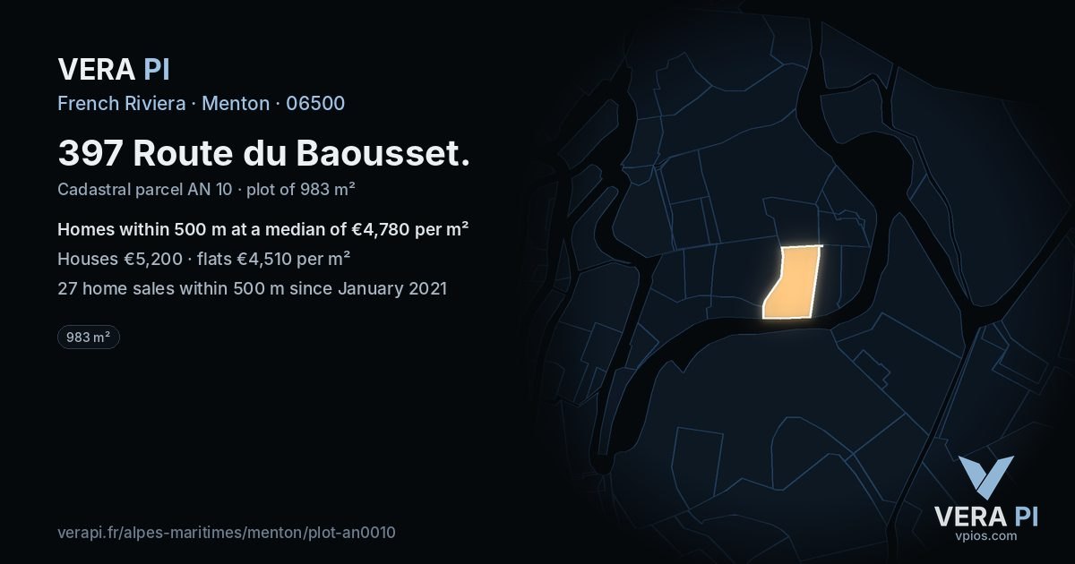 397 Route du Baousset, Menton at night – the plot lit, the parcels around coloured by the prices near them