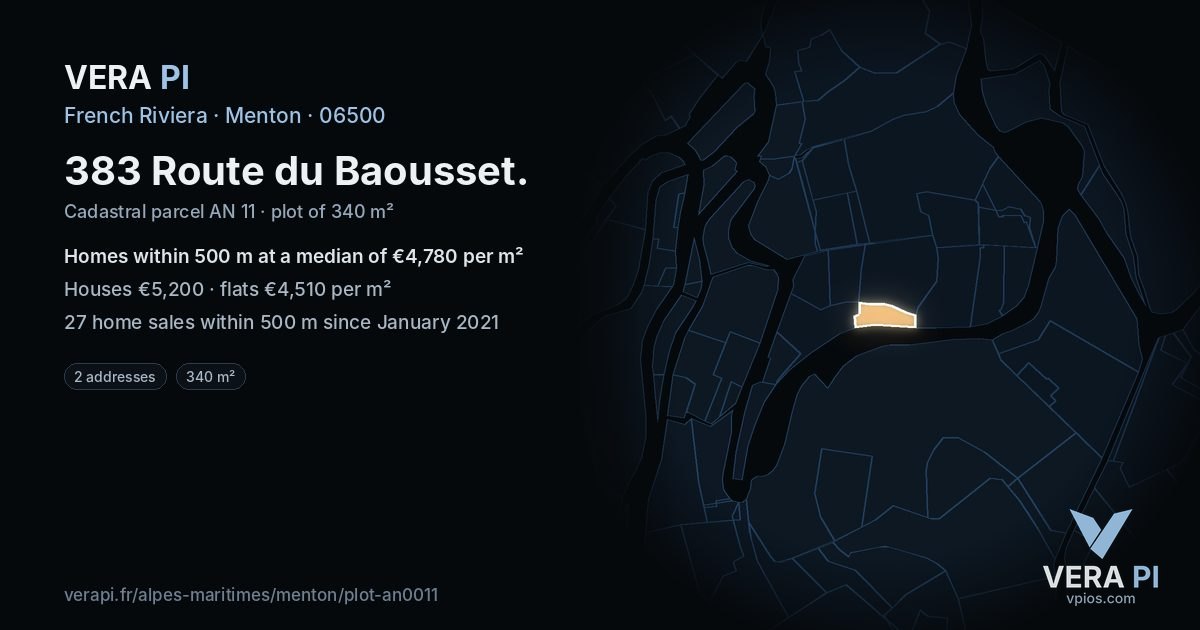 383 Route du Baousset, Menton at night – the plot lit, the parcels around coloured by the prices near them