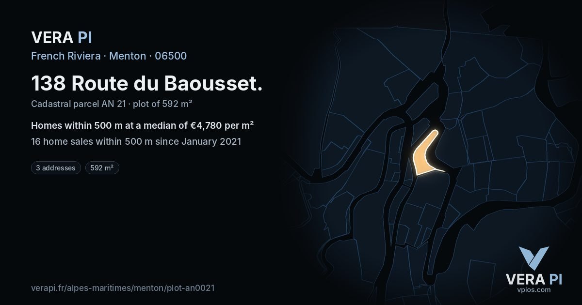 138 Route du Baousset, Menton at night – the plot lit, the parcels around coloured by the prices near them