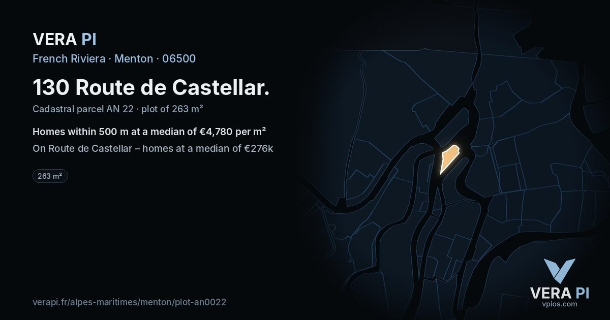 130 Route de Castellar, Menton at night – the plot lit, the parcels around coloured by the prices near them