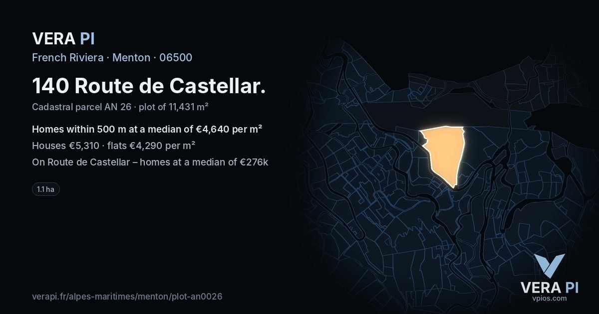 140 Route de Castellar, Menton at night – the plot lit, the parcels around coloured by the prices near them
