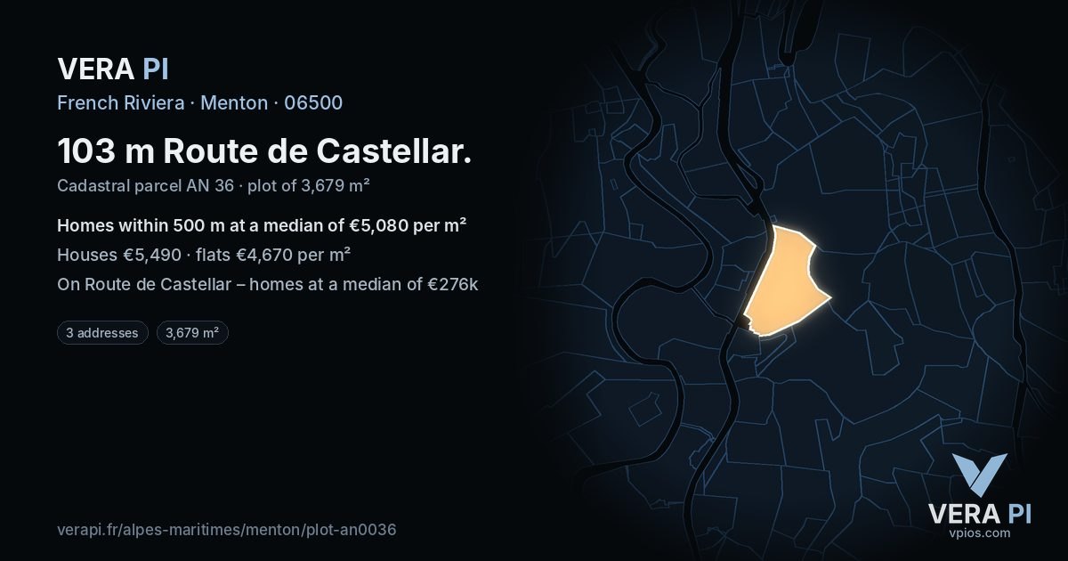 103 m Route de Castellar, Menton at night – the plot lit, the parcels around coloured by the prices near them