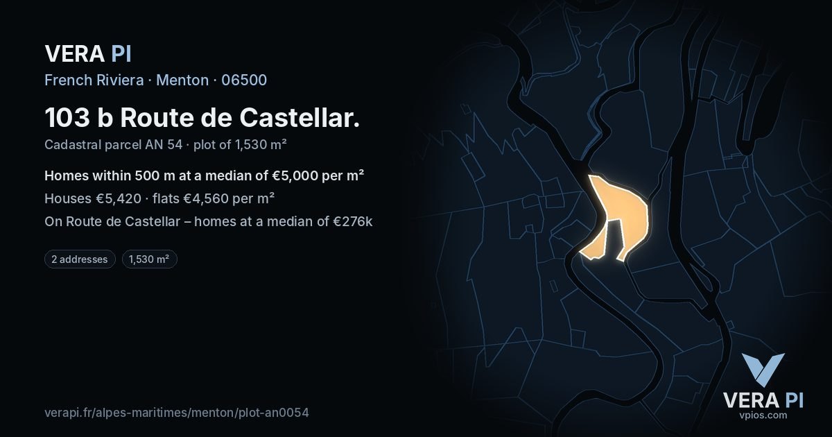 103 b Route de Castellar, Menton at night – the plot lit, the parcels around coloured by the prices near them