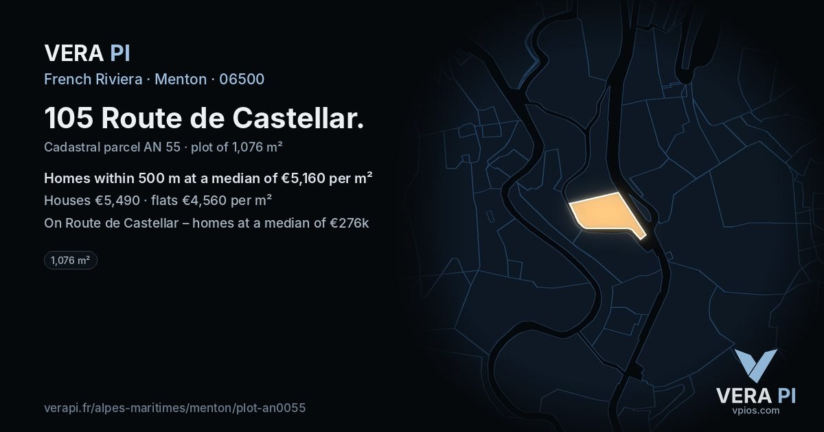 105 Route de Castellar, Menton at night – the plot lit, the parcels around coloured by the prices near them