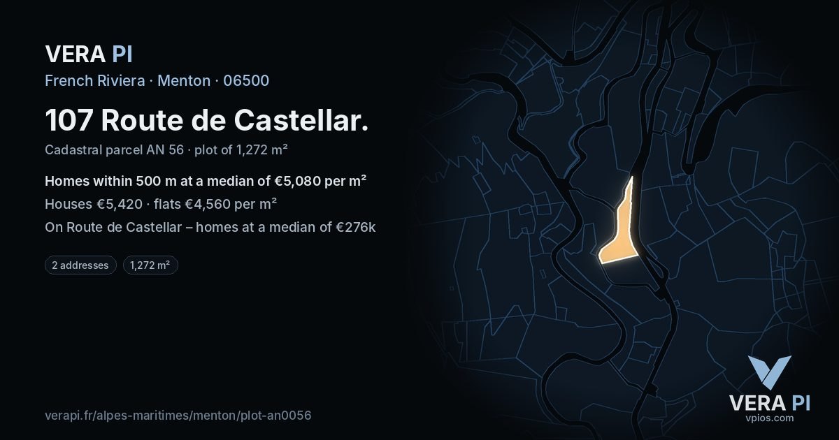 107 Route de Castellar, Menton at night – the plot lit, the parcels around coloured by the prices near them