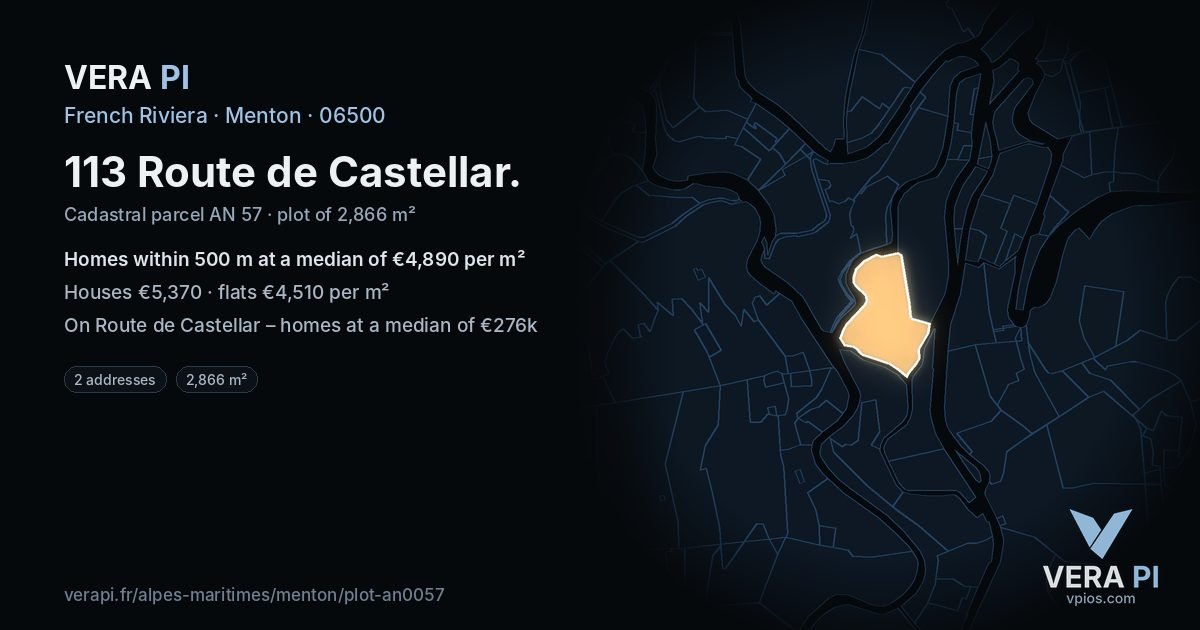113 Route de Castellar, Menton at night – the plot lit, the parcels around coloured by the prices near them