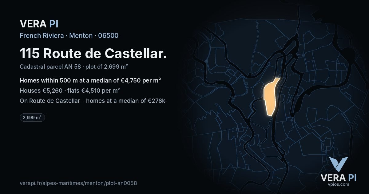 115 Route de Castellar, Menton at night – the plot lit, the parcels around coloured by the prices near them