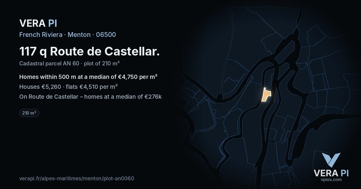 117 q Route de Castellar, Menton at night – the plot lit, the parcels around coloured by the prices near them