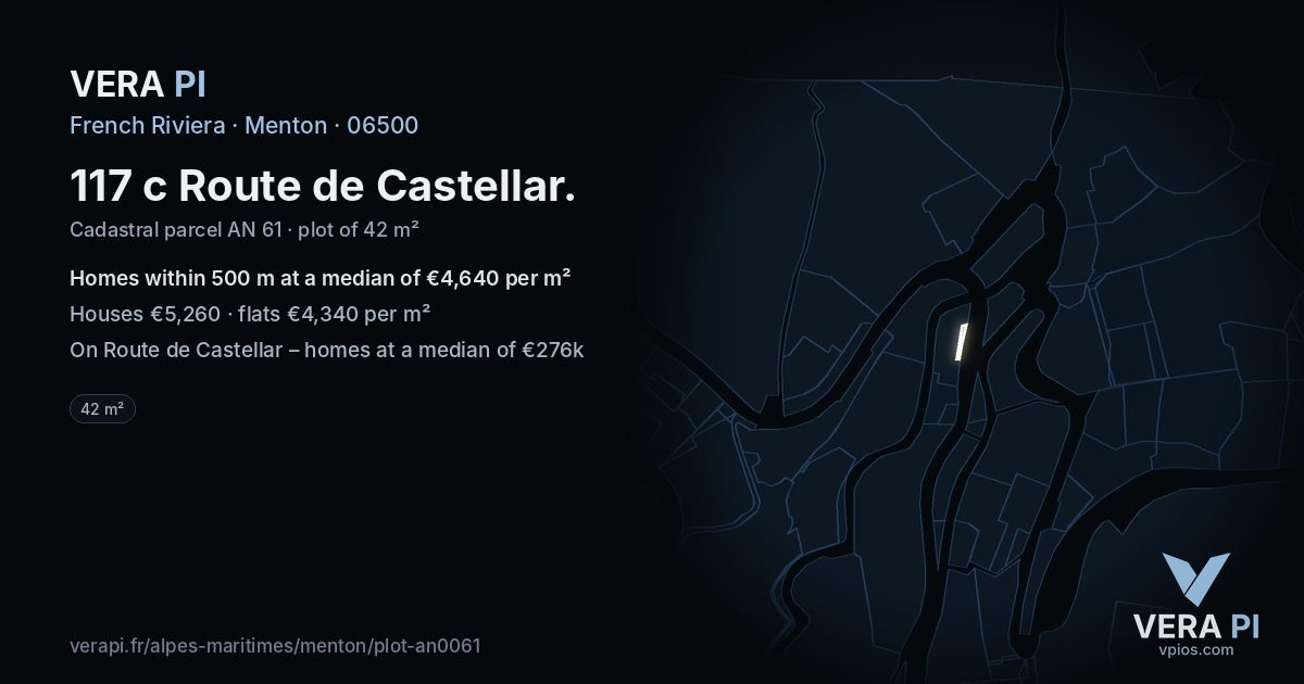 117 c Route de Castellar, Menton at night – the plot lit, the parcels around coloured by the prices near them