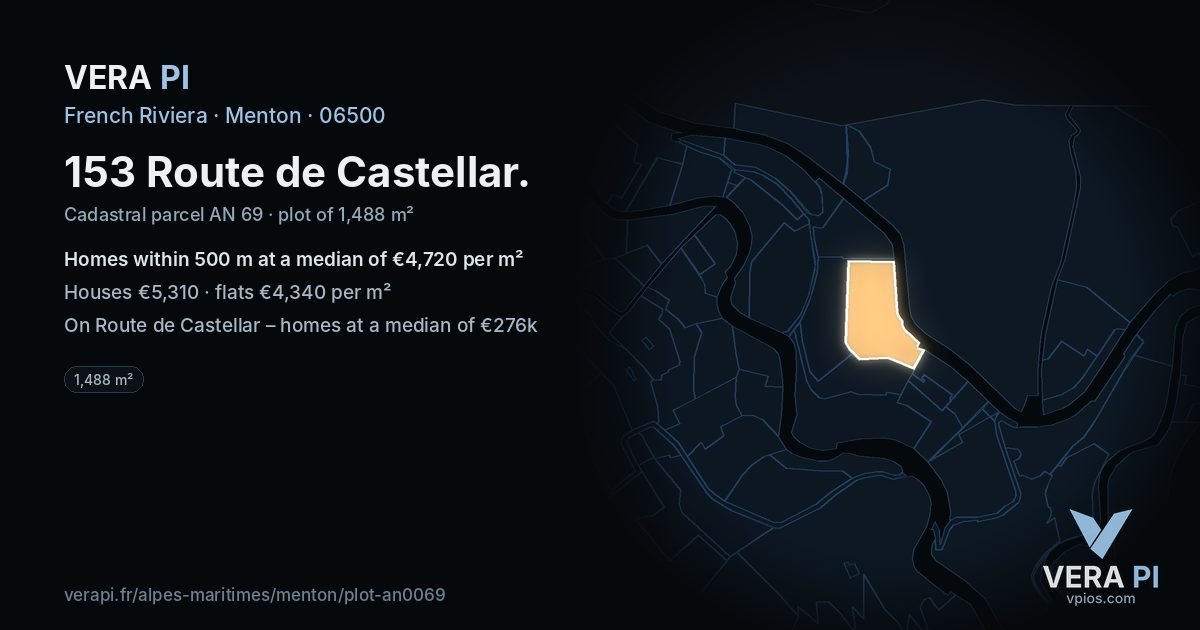 153 Route de Castellar, Menton at night – the plot lit, the parcels around coloured by the prices near them