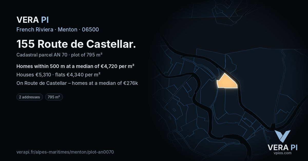 155 Route de Castellar, Menton at night – the plot lit, the parcels around coloured by the prices near them
