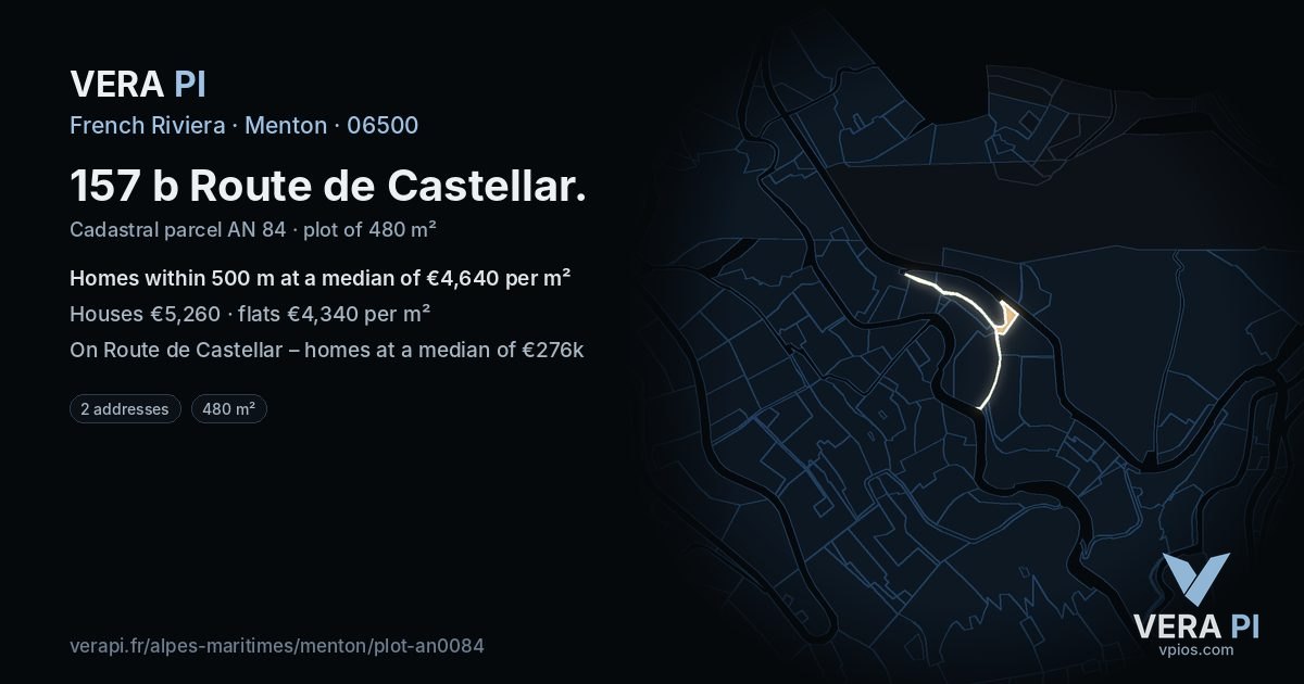 157 b Route de Castellar, Menton at night – the plot lit, the parcels around coloured by the prices near them