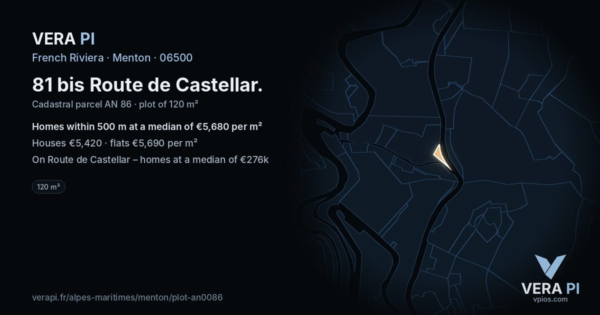 81 bis Route de Castellar, Menton at night – the plot lit, the parcels around coloured by the prices near them
