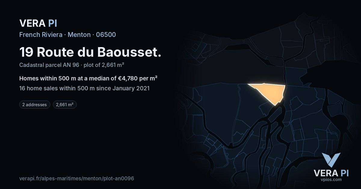 19 Route du Baousset, Menton at night – the plot lit, the parcels around coloured by the prices near them