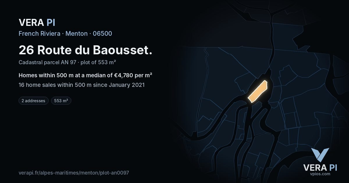 26 Route du Baousset, Menton at night – the plot lit, the parcels around coloured by the prices near them
