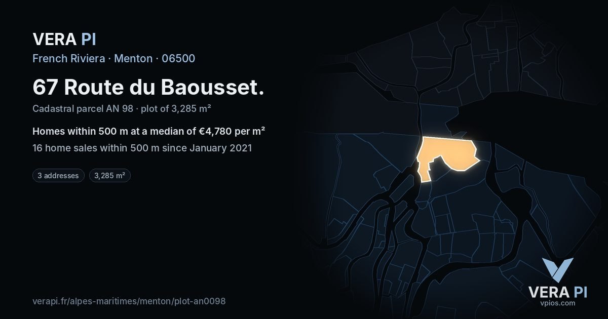 67 Route du Baousset, Menton at night – the plot lit, the parcels around coloured by the prices near them