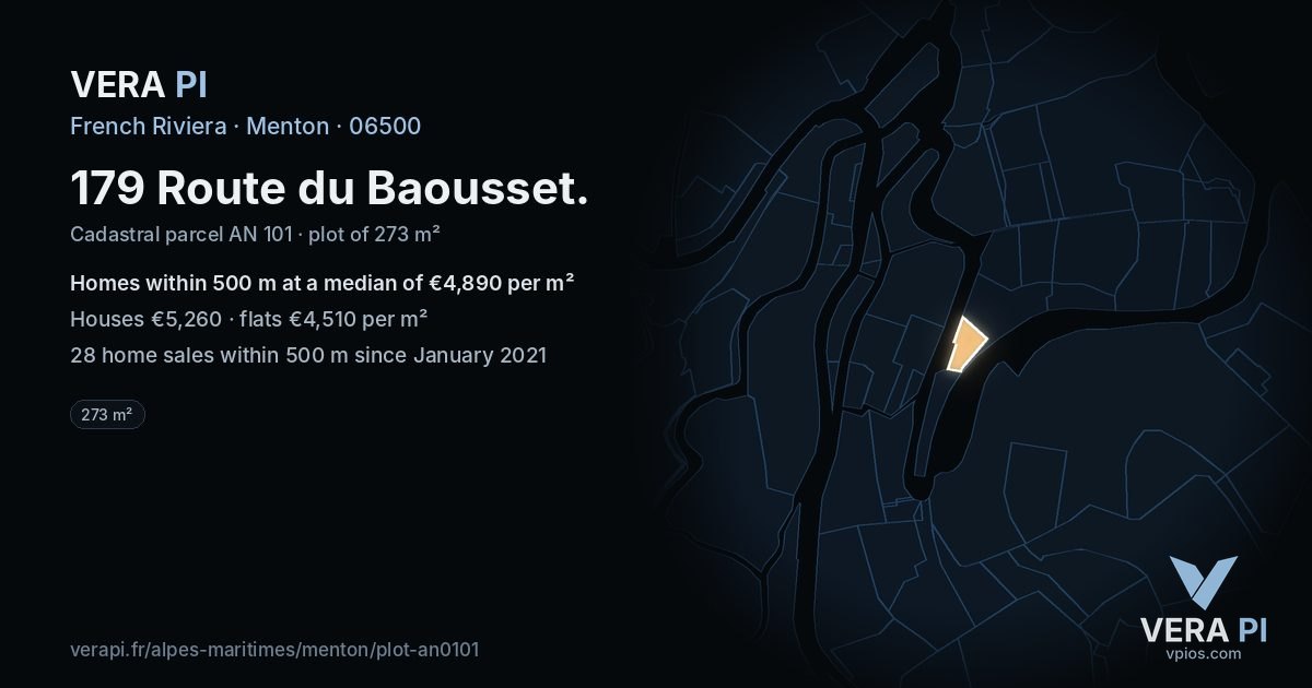 179 Route du Baousset, Menton at night – the plot lit, the parcels around coloured by the prices near them