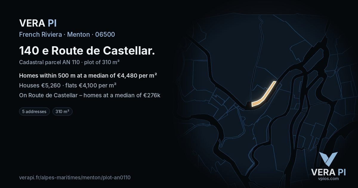 140 e Route de Castellar, Menton at night – the plot lit, the parcels around coloured by the prices near them