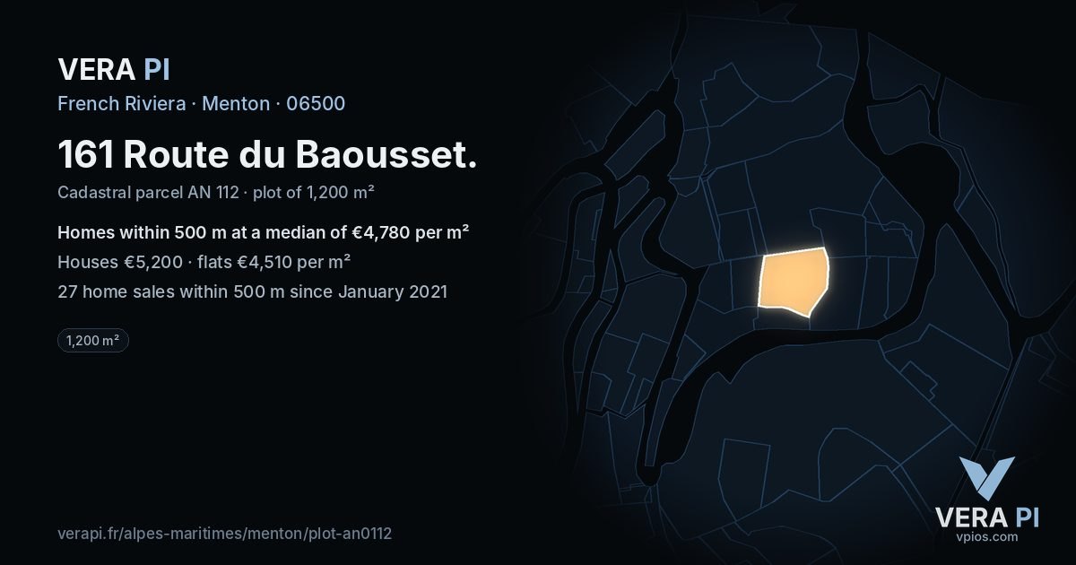 161 Route du Baousset, Menton at night – the plot lit, the parcels around coloured by the prices near them