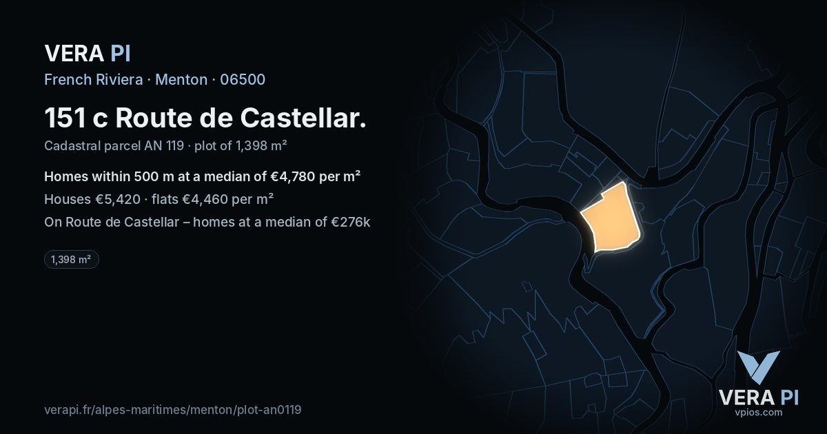 151 c Route de Castellar, Menton at night – the plot lit, the parcels around coloured by the prices near them