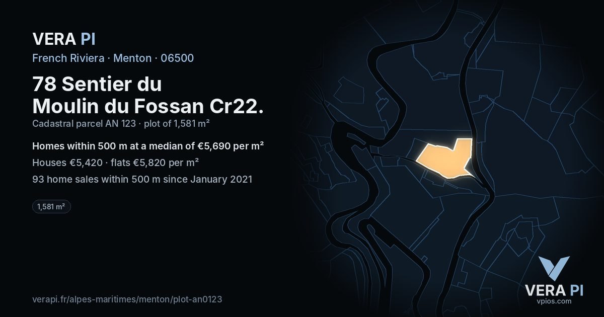78 Sentier du Moulin du Fossan Cr22, Menton at night – the plot lit, the parcels around coloured by the prices near them