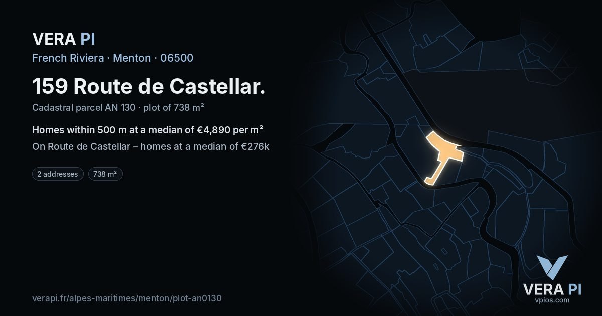 159 Route de Castellar, Menton at night – the plot lit, the parcels around coloured by the prices near them