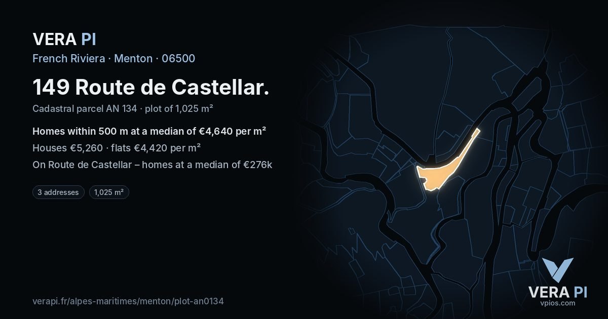 149 Route de Castellar, Menton at night – the plot lit, the parcels around coloured by the prices near them