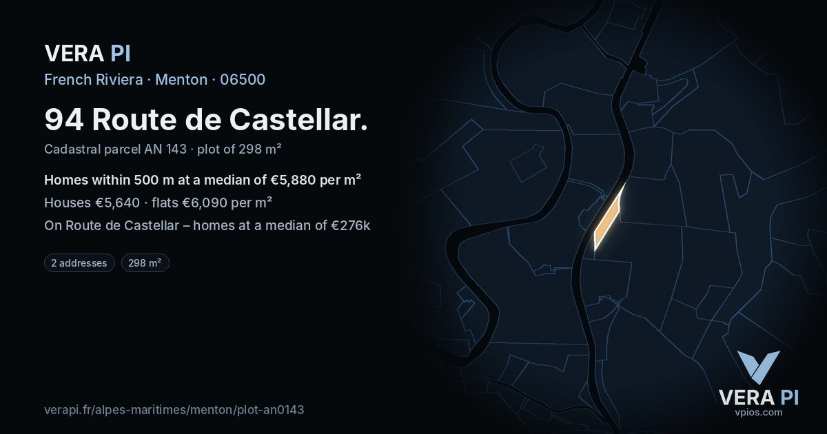 94 Route de Castellar, Menton at night – the plot lit, the parcels around coloured by the prices near them