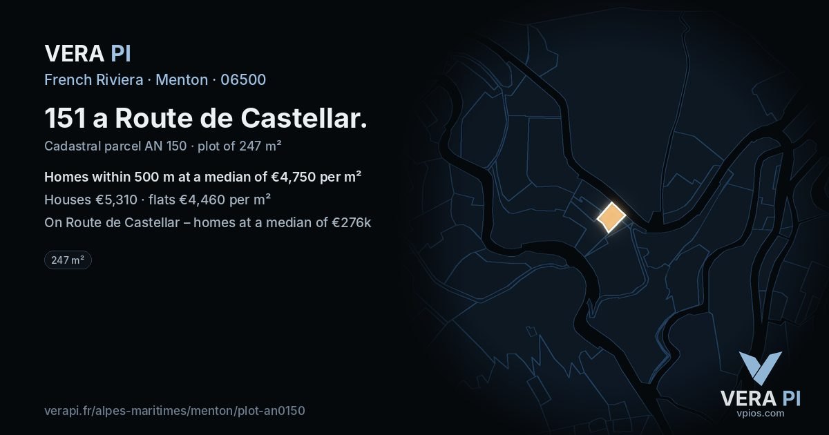 151 a Route de Castellar, Menton at night – the plot lit, the parcels around coloured by the prices near them