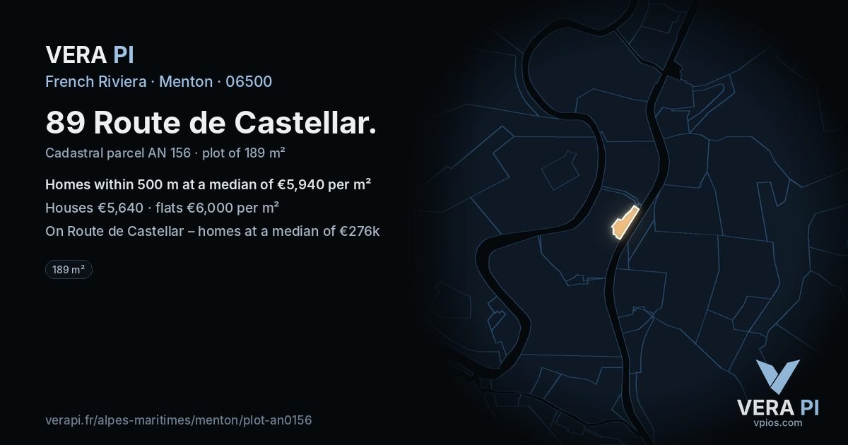 89 Route de Castellar, Menton at night – the plot lit, the parcels around coloured by the prices near them